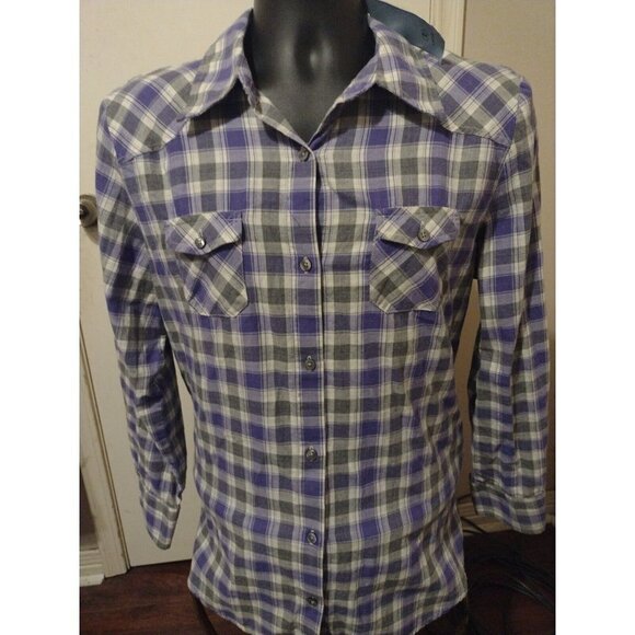 NWT New IZOD Women's Large L Cotton Button Up Shirt Purple Gray Long Sleeve - Picture 1 of 15